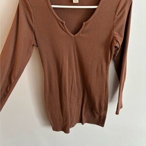 Bozzolo Brown Ribbed Fitted Dress With Long Sleeve